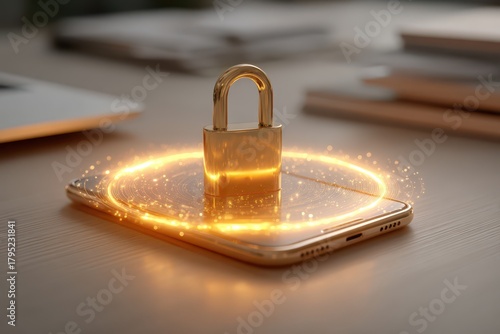 A close up of a gold lock standing on a golden phone on a clean, white table, indicating digital security and data protection in modern technology.