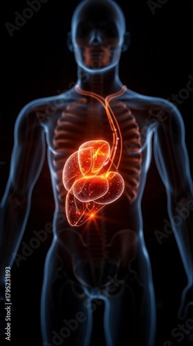 Stunning animated glowing human anatomy visuals depicting liver and body systems