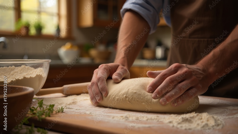 Fototapeta premium Chef's hands kneading fresh homemade dough with flour on a wooden board in a rustic kitchen setting, preparing ingredients for baking bread or pizza from scratch