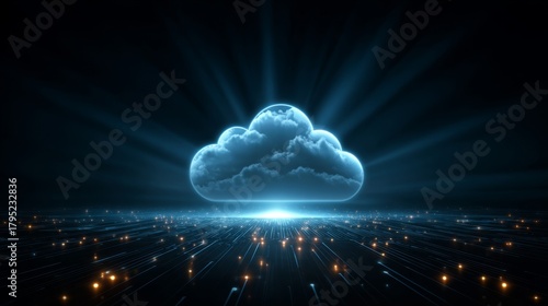 Glowing Cloud Computing Network Digital Abstract, Cloud Storage, Data Center, Cybersecurity Cloud Computing, Digital Transformation