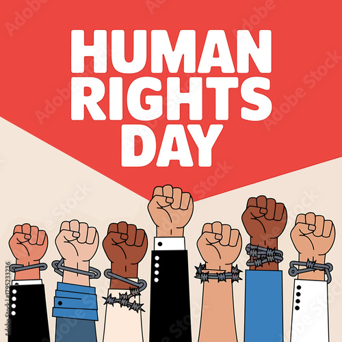 Human rights day is depicted with a collection of raised fists, some breaking free from chains and barbed wire, conveying a strong message of liberation and universal rights
