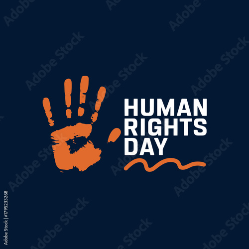 Human rights day celebration with orange handprint and text on dark blue background, symbolizing advocacy and awareness for universal rights and freedoms
