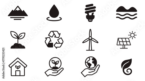 Flat outline icons with black fill accents, environmental theme, simple vector style, plant sprout, recycling arrows, windmill, eco house, nature preservation symbols
