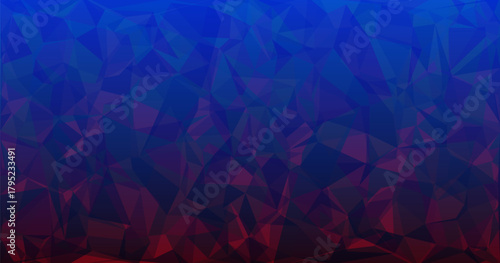 Abstract low poly background featuring deep blue and dark red polygonal shapes blending smoothly into a gradient. The faceted geometric texture creates a modern, moody, and dramatic visual suitable fo