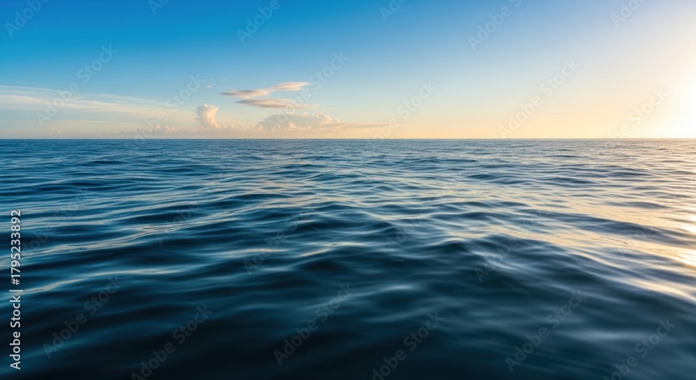 Obraz premium Open Ocean Horizon at Sunset with Calm Waves and Blue Sky