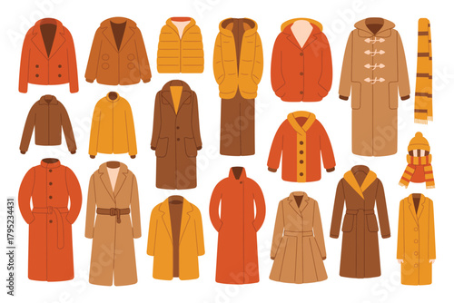 Winter clothing and accessories collection, including fashionable coats