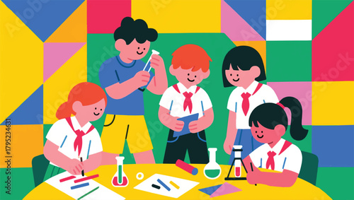 Illustration Of A Group Of School Children Studying Chemistry Vector Design Template