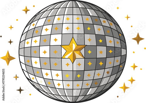Glamorous disco ball with sparkling golden stars for festive party
