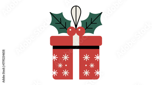 Festive Gift of Holiday Cheer: A beautifully wrapped gift box adorned with snowflake designs and topped with a sprig of holly, it's a perfect embodiment of joy and anticipation for celebrations.