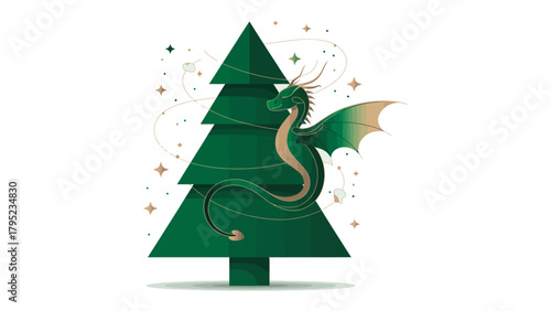 Whimsical Christmas Dragon: A captivating illustration featuring a mystical green dragon wrapped gracefully around a Christmas tree, radiating charm and holiday cheer.