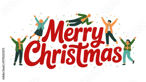 Festive Cheer: Embrace the season with joy as lively figures dance around a bold Merry Christmas message, creating a vibrant scene of holiday celebration.