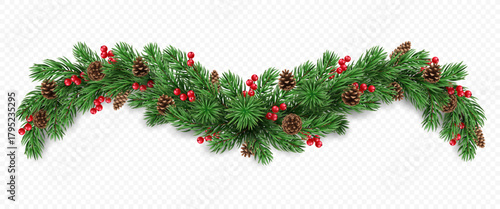 Vector realistic pine tree branches, cones and red berries isolated on a transparent background. Holiday Christmas tree garland for winter decoration banner, poster, greeting card.