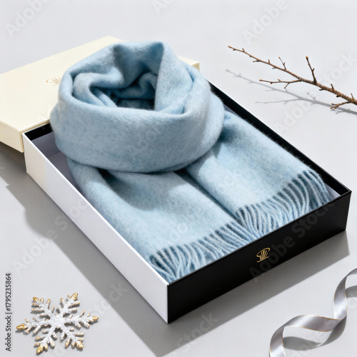 Luxury blue cashmere scarf in elegant snowflake gift box, premium winter fashion gift set on white background, festive corporate gift and New Year holidays concept with space for text