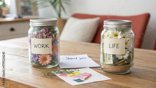 Two jars with flowers and money representing work and life