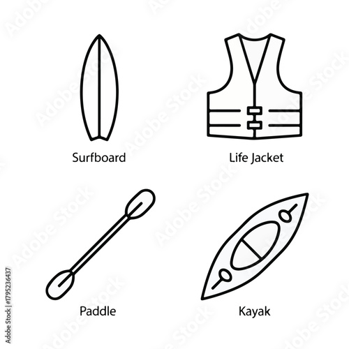 Outline icons set of water sports isolated on, vector