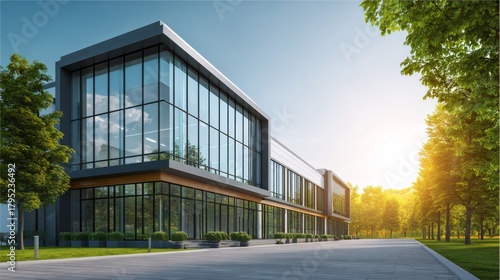 Modern Glass Office Building Architectural Rendering, Office Park Design, 3D Visualization Architectural visualization, 3D rendering