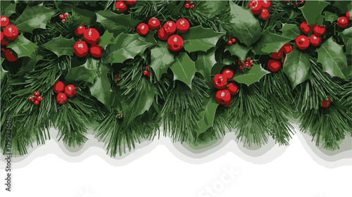 Christmas decoration vector. Christmas tree border with holly berries.