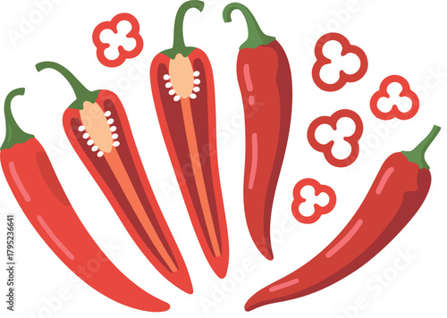 Arrangement of Red Chili Peppers Whole, Halves, and Slices Vector Illustration