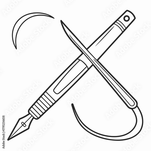 Illustration of a fountain pen and sickle