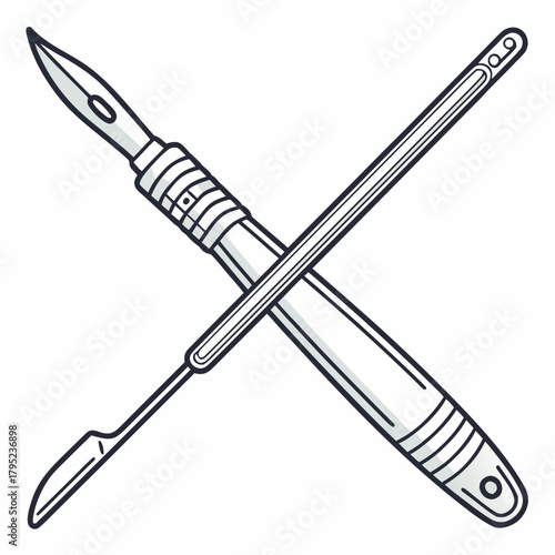 Illustration of a scalpel and pen in black and white