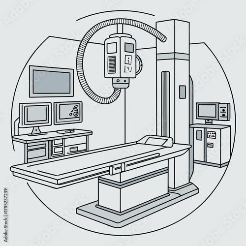 Illustration of an xray machine with a table and computer screens