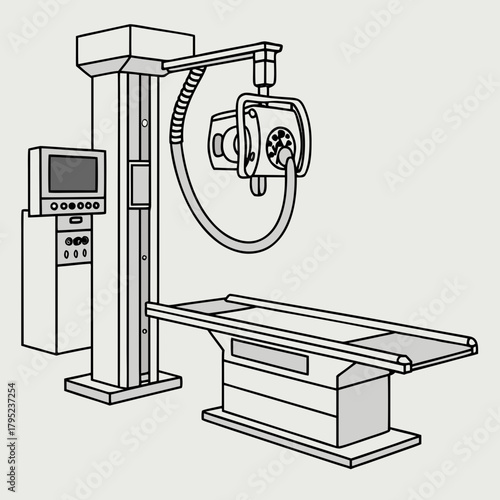 Illustration of an xray machine with a table and control panel