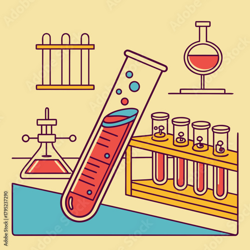 Illustration of laboratory equipment including test tubes and flasks