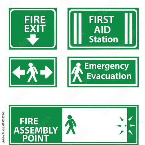 Illustration of five green and white safety signs including fire exit first aid and assembly point