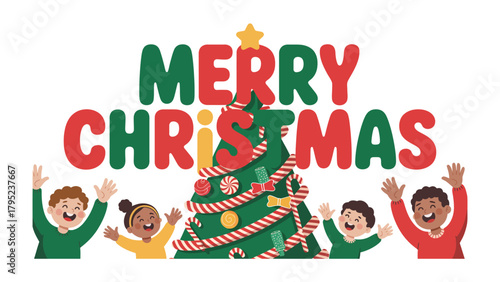 Festive Greetings: Merry Christmas Celebration: A cheerful Christmas scene, where the words Merry Christmas frame a decorated tree, and joyful kids with raised hands.