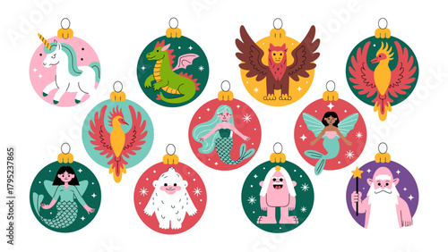 Ornamental Fantasy Creatures: A collection of vibrant spherical ornaments, each adorned with a whimsical fantasy creature, creating a festive atmosphere perfect for holiday decorations.