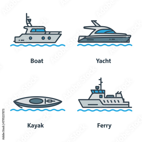 Boat, yacht, kayak and ferry icons set isolated on