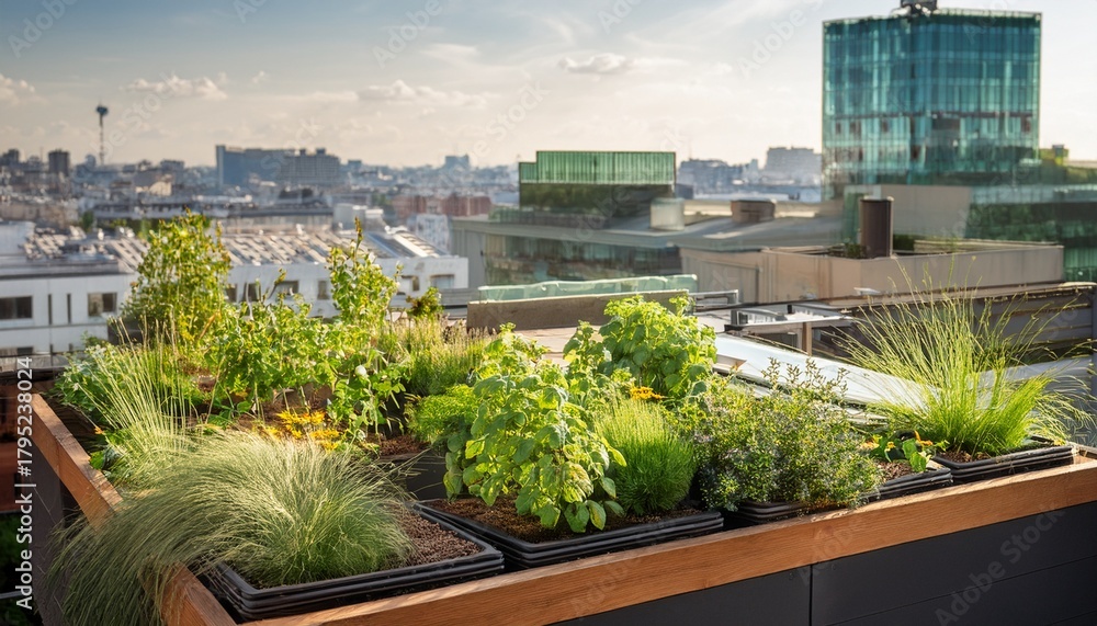 Fototapeta premium urban eco friendly garden promotes green living on rooftops generative ai
