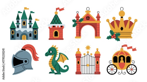 Fantasy Elements Collection: A whimsical assortment of medieval and fantasy elements, including a majestic castle, ornate gate, dragon, knight helmet, crown, and a fairytale carriage.