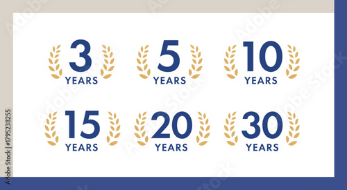 月桂冠付き記念ロゴセット・年数別アニバーサリーデザイン｜3年,5年,10年,15年,20年,30年