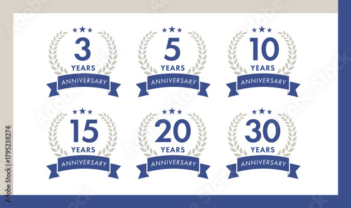 月桂冠・リボン・星付き周年記念ロゴセット｜3年,5年,10年,15年,20年,30年,記念バッジ