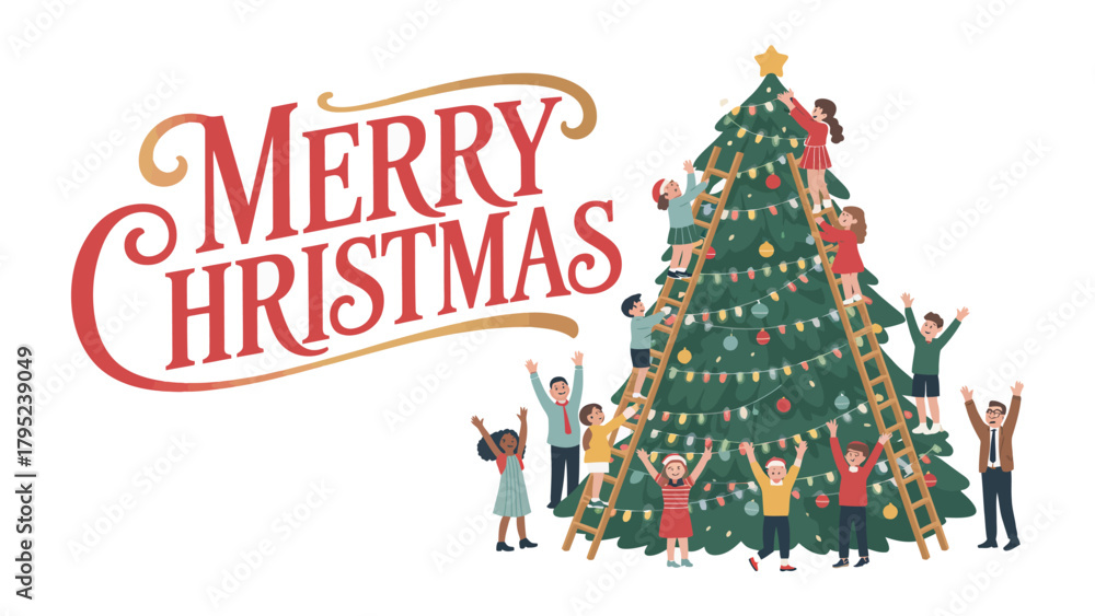 Naklejka premium Christmas Tree Celebration: A festive illustration of people working together to adorn a Christmas tree with ornaments, lights and a star in cheerful holiday spirit.