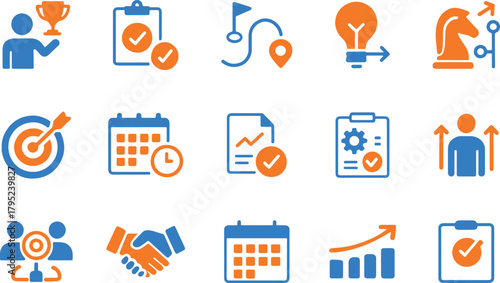 Set of business management and strategy icons isolated on white background concept to success in work teamwork to reach goals