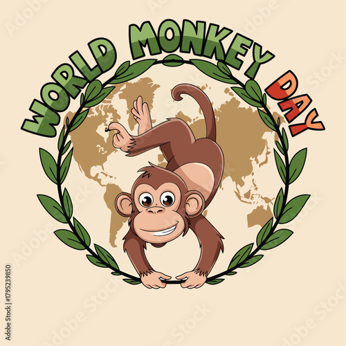 Playful cartoon monkey hanging upside down inside a wreath of leaves with a world map in the background, celebrating world monkey day