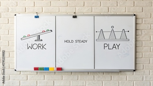 Whiteboard displaying work and play balance with hold steady