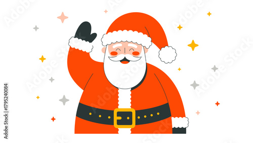 Jolly Greeting: A cheerful illustration of Santa Claus, beaming with a warm smile and a friendly wave, surrounded by festive stars.