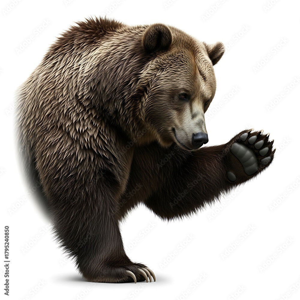 Obraz premium Grizzly bear standing on hind legs with paw raised in defensive pose