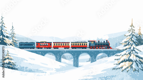 Colorful vintage train moving over snowy viaduct train crossing in snow
