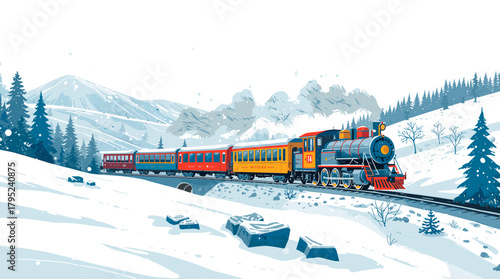 Vibrant steam locomotive crossing snowy mountains train crossing in snow