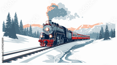 Powerful steam locomotive advancing through snowy valley train crossing in snow