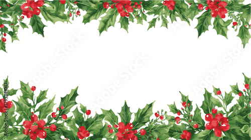 Seamless holiday decorations. Christmas tree fringes with holly berries. Festive frame isolated on white. Celebration vector background.