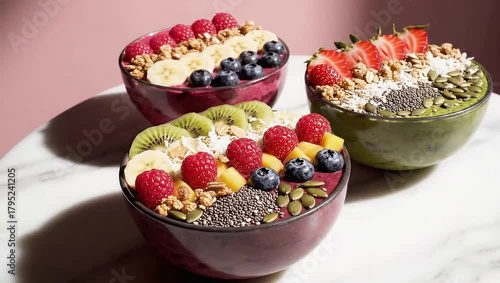 Rotating shot around three colorful smoothie bowls