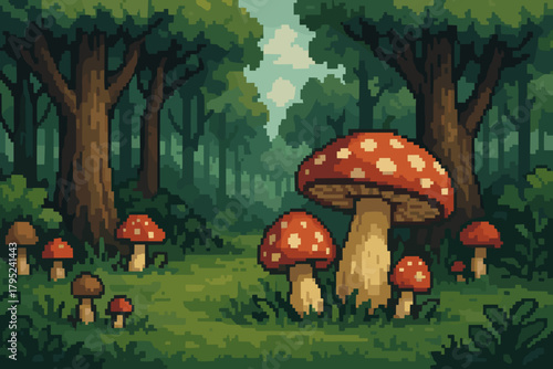 Pixel art forest scene with mushrooms in a whimsical style and vibrant colors