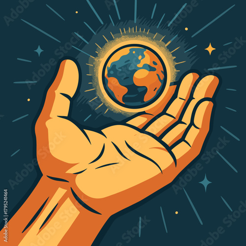 Illustration of a hand holding the Earth in a cosmic style with vibrant colors