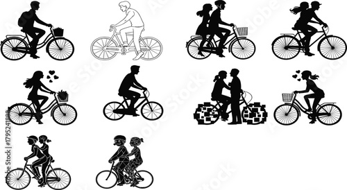 Romantic couple bicycle silhouettes, black and white illustration, love and friendship concept, heart symbols, cycling together, minimalist vector art