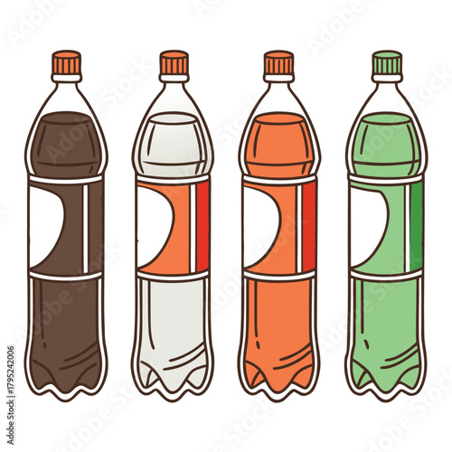 Colorful soda bottle vector set with different drink flavors, plastic packaging and label design in clean style